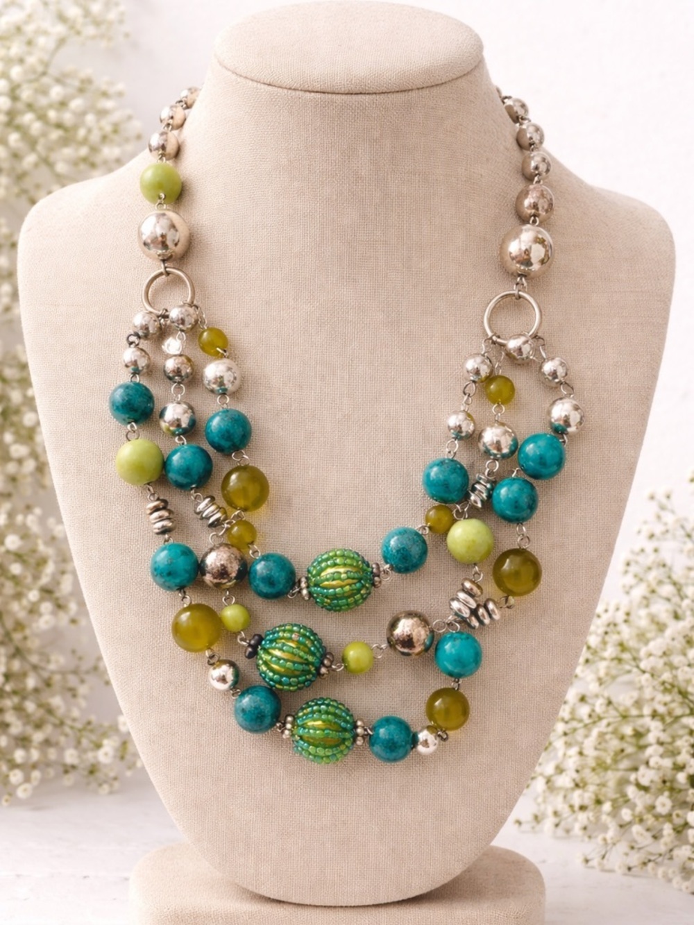 Y2K Boho Chunky Beaded Necklace Turquoise Green Multi Strand Statement Piece